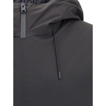Close-up of Woolrich Black Polyester Shell Jacket showing hood and zipper
