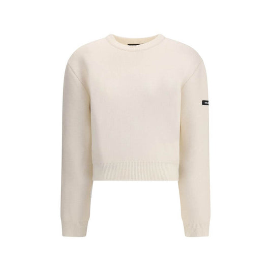 Balenciaga White Wool Sweatshirt featuring a crew neck, dropped shoulders, long sleeves, and a logo patch on the sleeve.