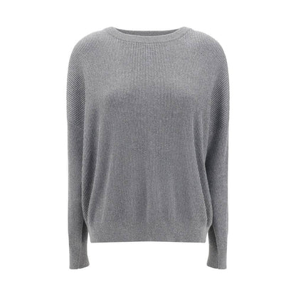 Brunello Cucinelli Gray Cotton Sweatshirt with ribbed texture and silver thread detailing for elegant styling, ideal for AW25 season.