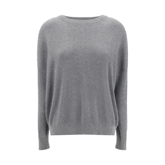 Brunello Cucinelli Gray Cotton Sweatshirt with ribbed texture and silver thread detailing for elegant styling, ideal for AW25 season.