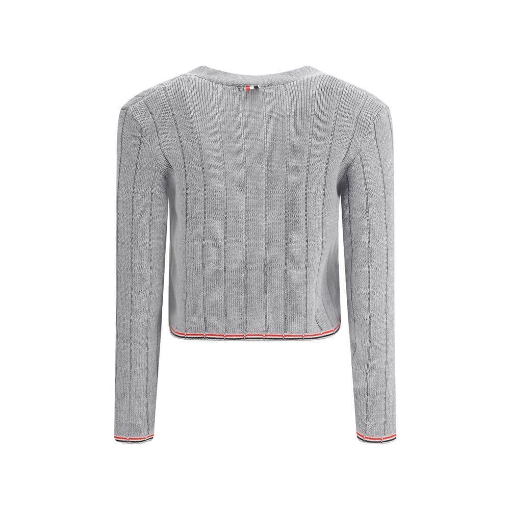 Thom Browne Gray Fleece Wool Cardigan with ribbed design and iconic colored bands, cropped style, back view.