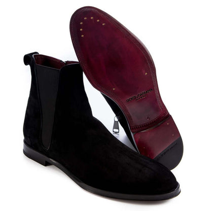 Dolce & Gabbana Black Calfskin Men Ankle Boot with red leather sole and zipper