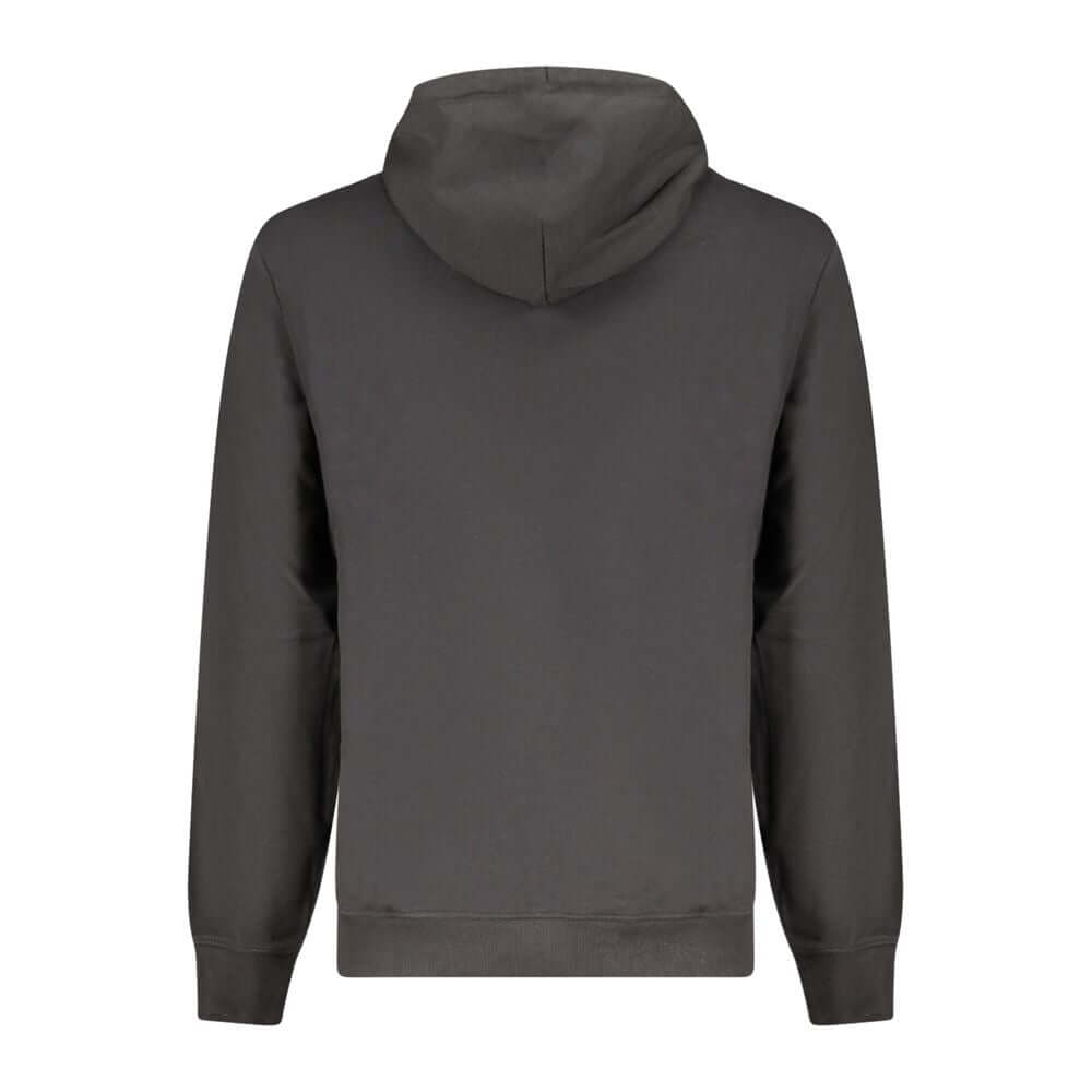 Tommy Hilfiger Black Cotton Men Sweater with hood and long sleeves, showcasing sleek design and comfort. Back view of the sweatshirt.