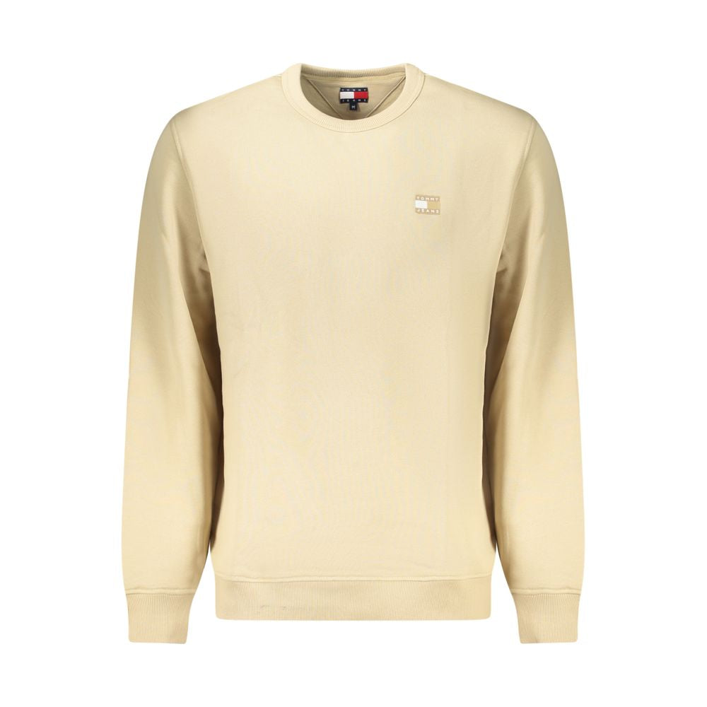 Tommy Hilfiger Beige Cotton Men Sweater, long-sleeved crew neck with applique logo, eco-friendly fashion.
