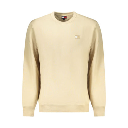 Tommy Hilfiger Beige Cotton Men Sweater, long-sleeved crew neck with applique logo, eco-friendly fashion.