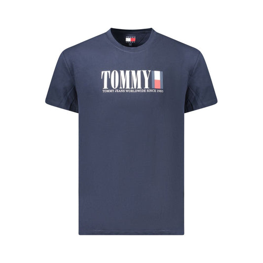Tommy Hilfiger Blue Cotton Men T-Shirt with iconic logo on front, short sleeves, and crew neck, made from 95% regenerative cotton.