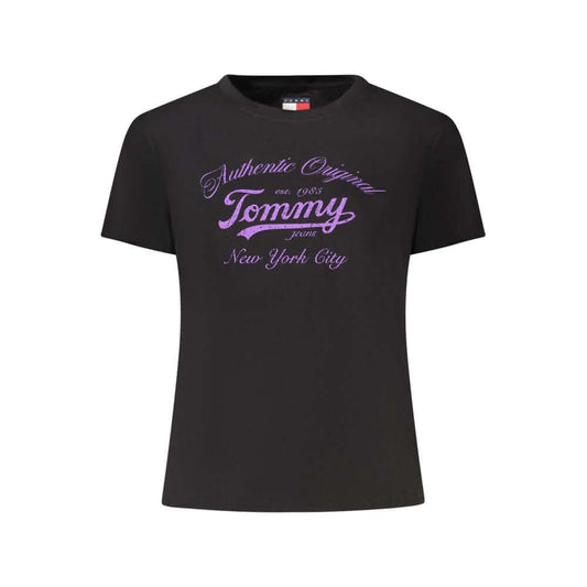 Tommy Hilfiger Black Cotton Women T-Shirt with purple logo, short sleeves, and eco-friendly 20% recycled viscose blend for casual wear.