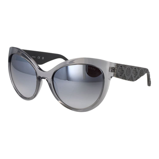 Guess Gray Women Sunglass, full-rim butterfly style with mirrored lenses, grey plastic frame, UVA & UVB protection, includes branded case.