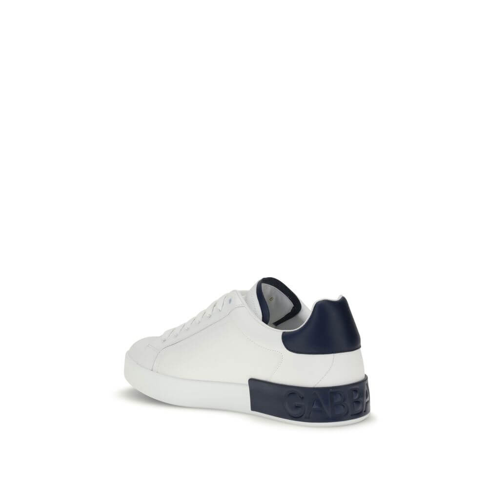 Dolce & Gabbana White Calf Leather Bos Taurus Low Top Sneakers with logo stripe and heel detail, rear view.