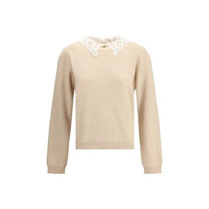 Fabiana Filippi Beige Fleece Wool Sweatshirt with lace collar and gold button front, featuring ribbed hem and cuffs for a feminine look.