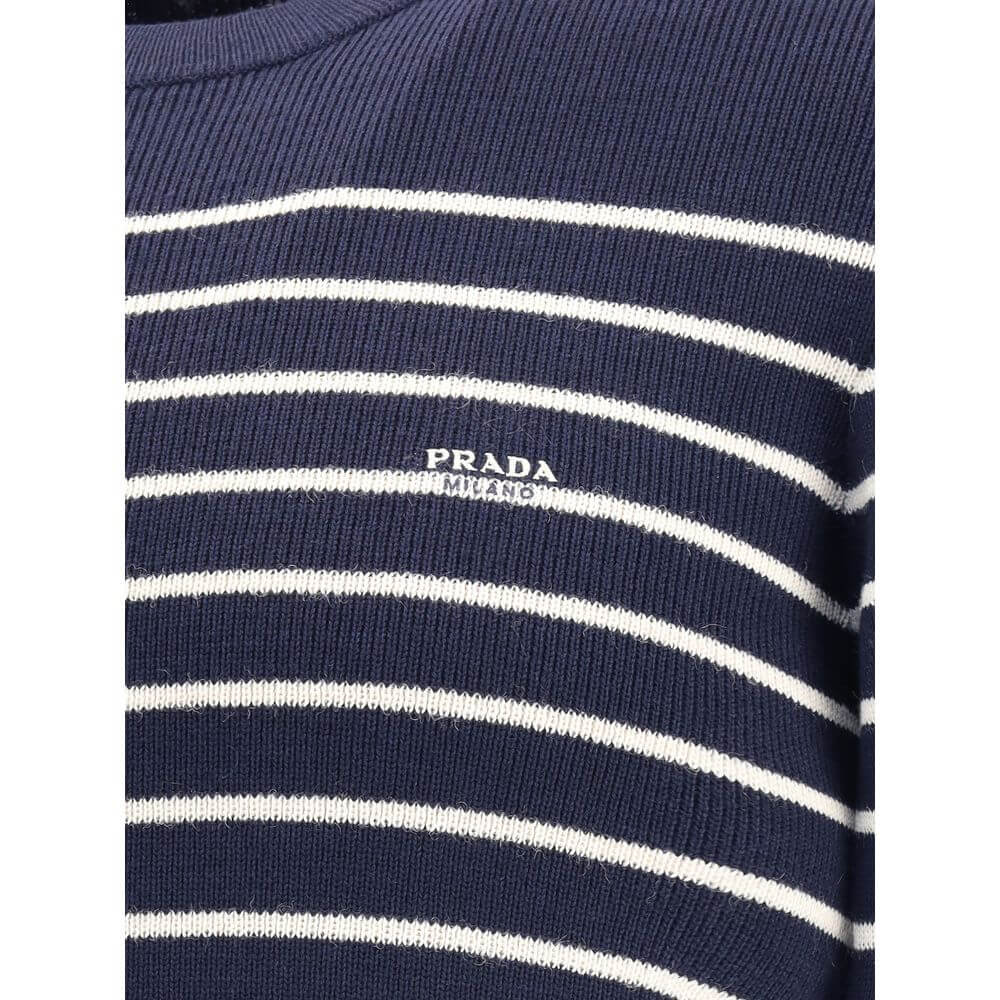 Close-up of Prada Blue Fleece Wool Sweatshirt with striped pattern and jacquard signature.