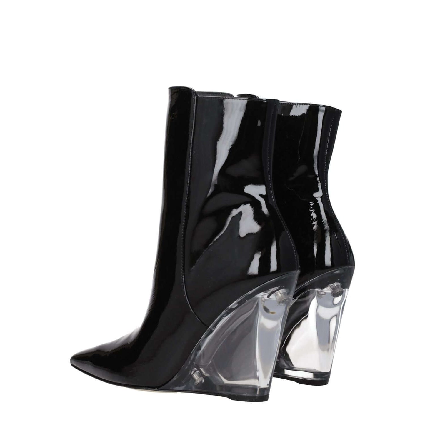 Stuart Weitzman Black Leather Ankle Boots with gold details and wedge heel, punk rock style, zip closure, patent leather design.