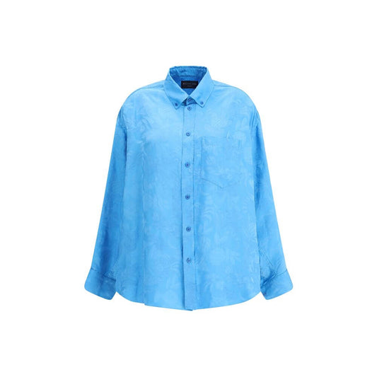 Balenciaga Blue Viscose Pattern Shirt with floral design, cocoon silhouette, button-down collar, and patch pocket.