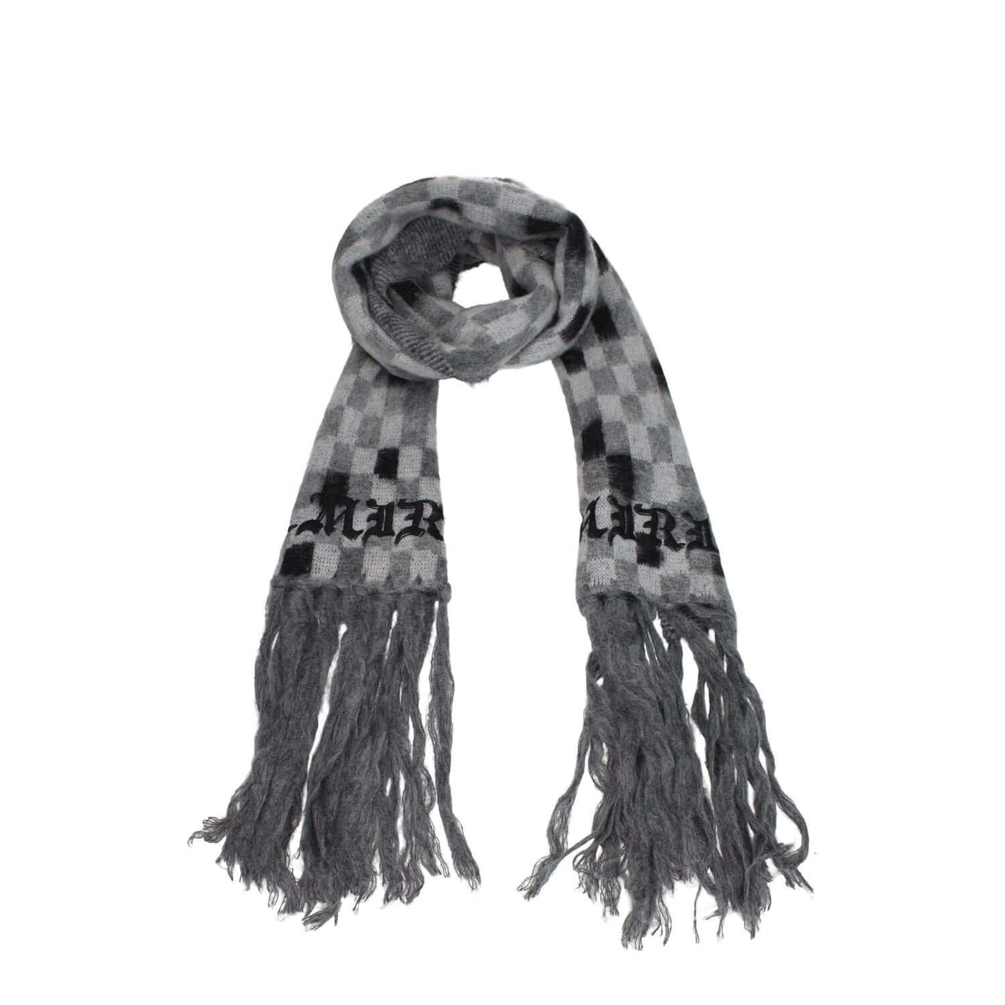 Amiri Gray Modal Scarf with fringes, logo, and checkered pattern, made from modal, alpaca, and polyamide, MPN MSC007030, size 27×230 cm.