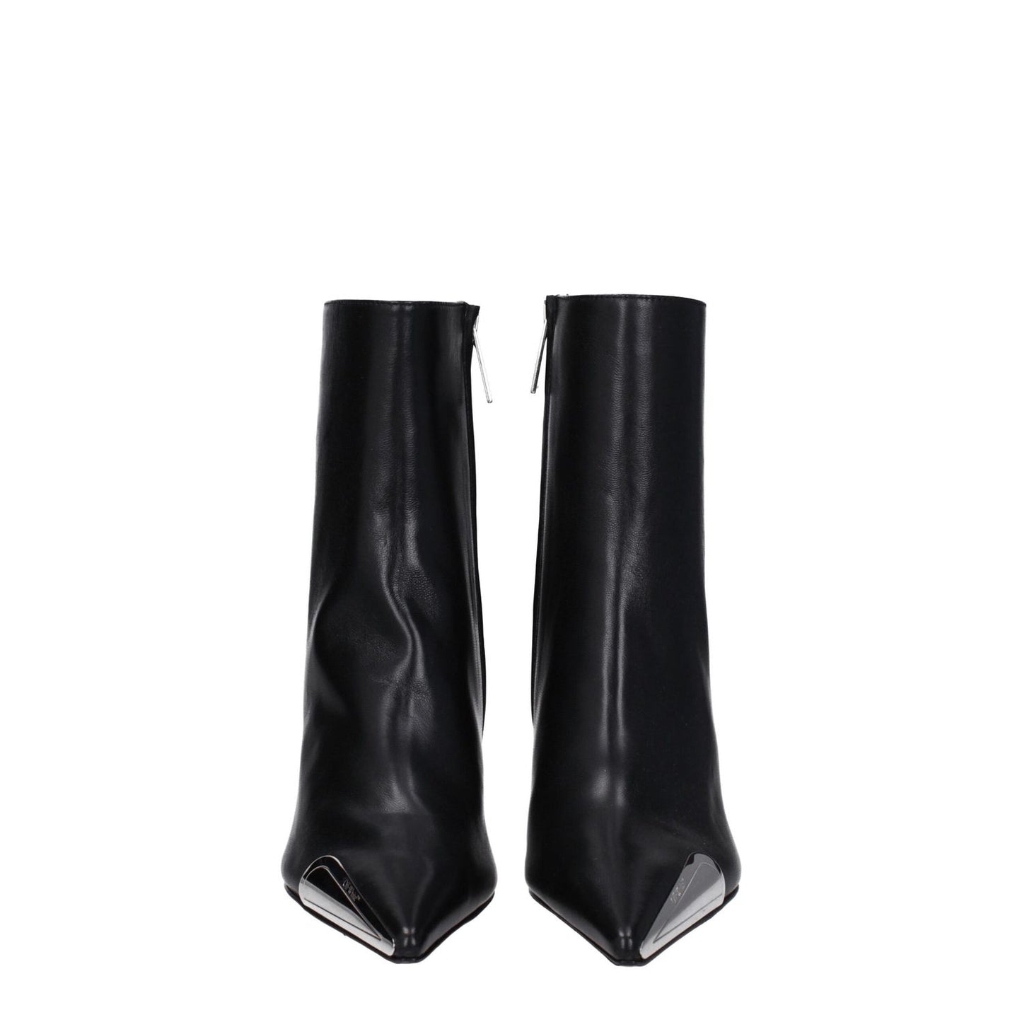 Off-White Black Leather Ankle Boots with side and back logos, zip closure, high heels, and pointy toe style.