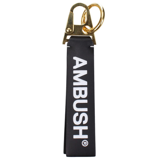Ambush Black Leather Keychain with vintage effect and logo, featuring MPN BMNF003S22LEA0011076.