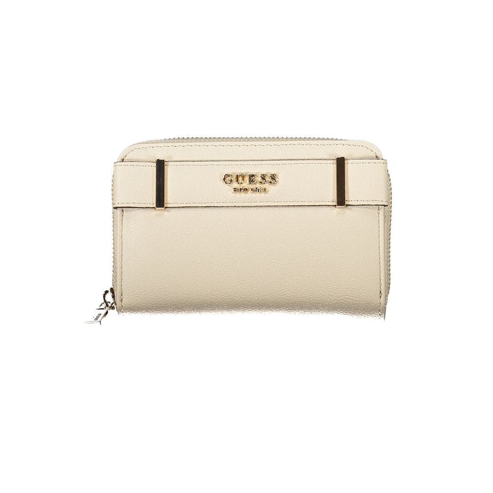 Alt Tag: Guess Jeans Beige Polyethylene Wallet with zip closure, contrasting details, 2 compartments, and logo displayed on the front.