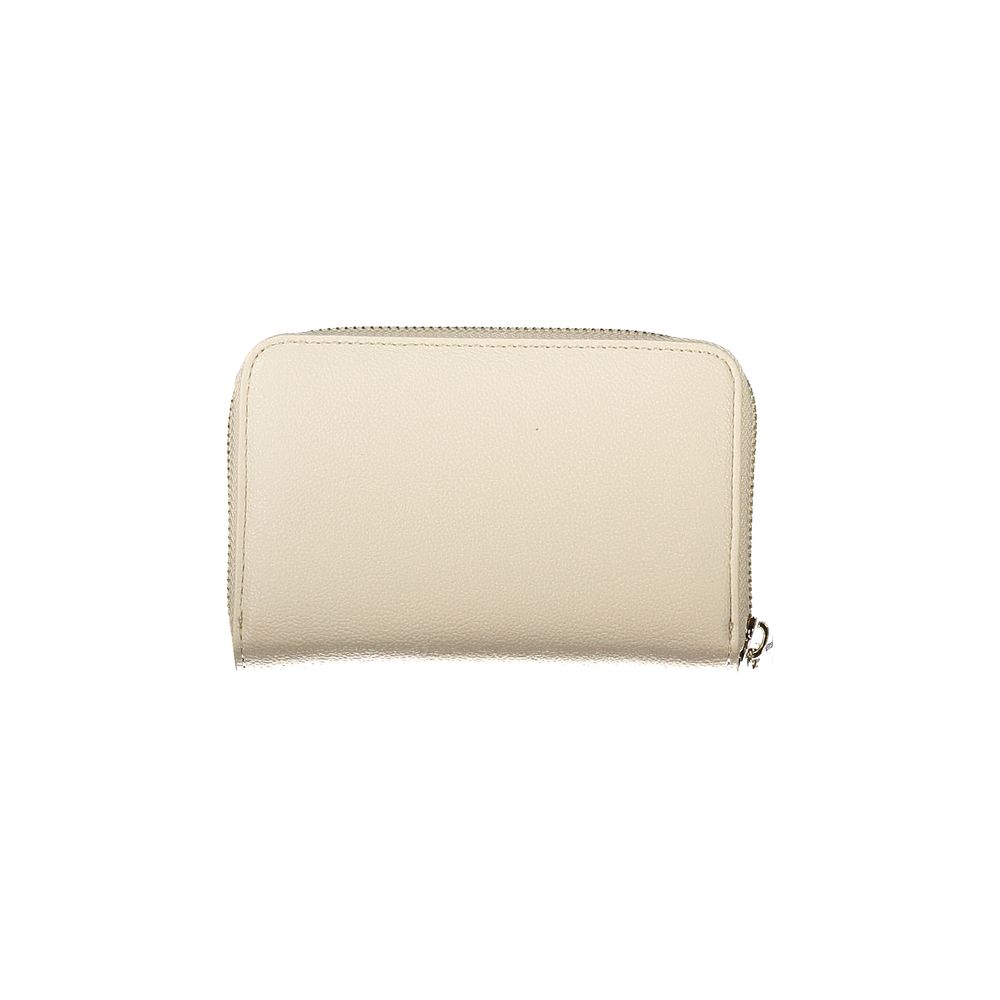 Guess Jeans Beige Polyethylene Wallet with zip closure, contrasting details, and multiple compartments for cards and coins.