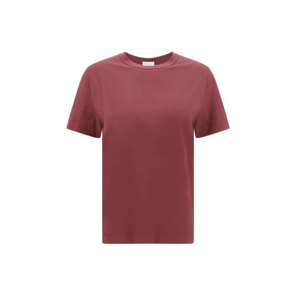 Brunello Cucinelli Bordeaux Cotton T-Shirt featuring ribbed crew neck and jewel detail, elegant and versatile luxury garment