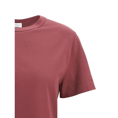 Brunello Cucinelli Bordeaux Cotton T-Shirt with ribbed crew neck and luxury jewel detail on back, simple monochrome design.