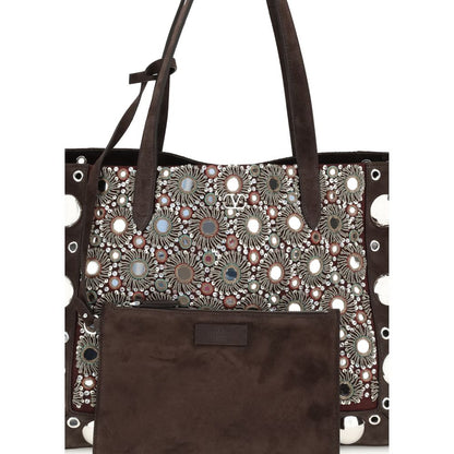 Valentino Garavani Brown Calf Leather Bos Taurus Shoulder Bag with embroidery, ball studs, and VLogo detail.