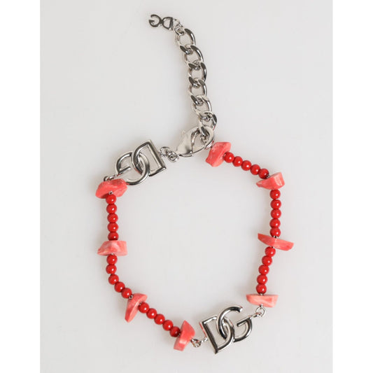 Dolce & Gabbana Silver Tone Brass Beaded Resin DG Logo Chain Men Bracelet SMY10725