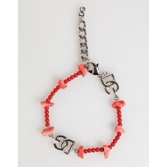 Dolce & Gabbana Silver Tone Brass Beaded Resin DG Logo Chain Men Bracelet SMY10725