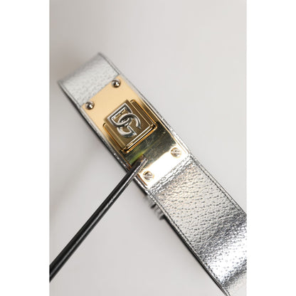 Dolce & Gabbana Silver Textured Leather Gold Tone Metal Neckband