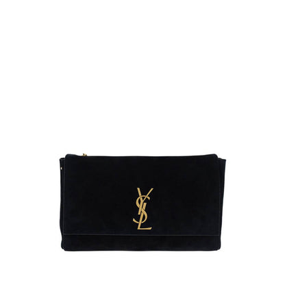 Saint Laurent Black Calf Leather Bos Taurus Shoulder Bag with monogram plaque and sliding chain strap.