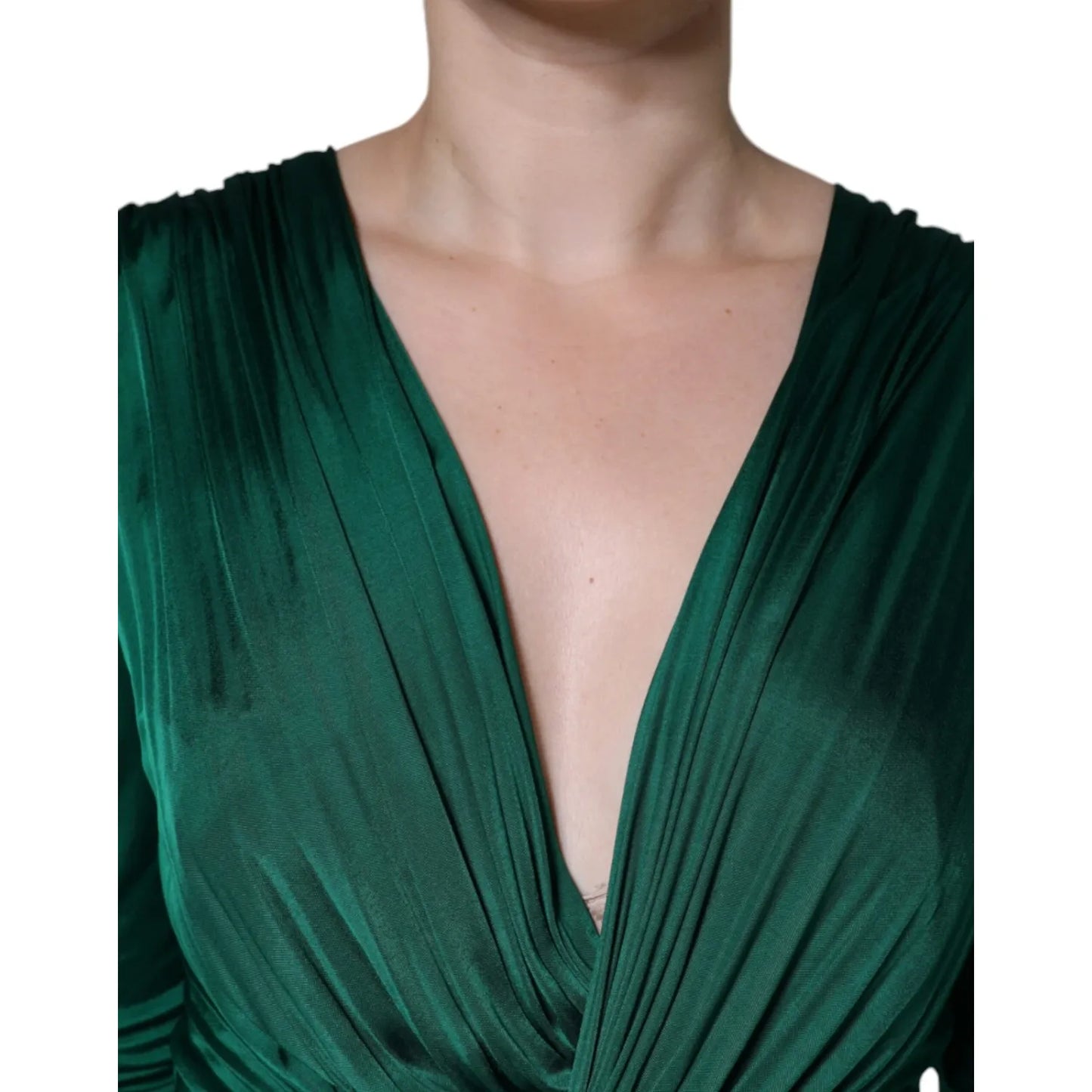 Close-up of Dolce & Gabbana Dark Green Viscose Long Sleeve Midi Dress with twist detail and satin finish.