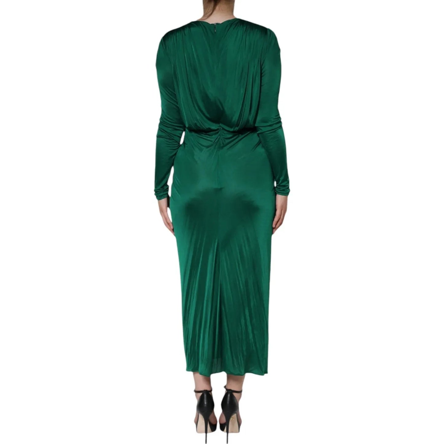 Dolce & Gabbana Dark Green Viscose Long Sleeve Midi Dress, back view showing elegant drape and fit.