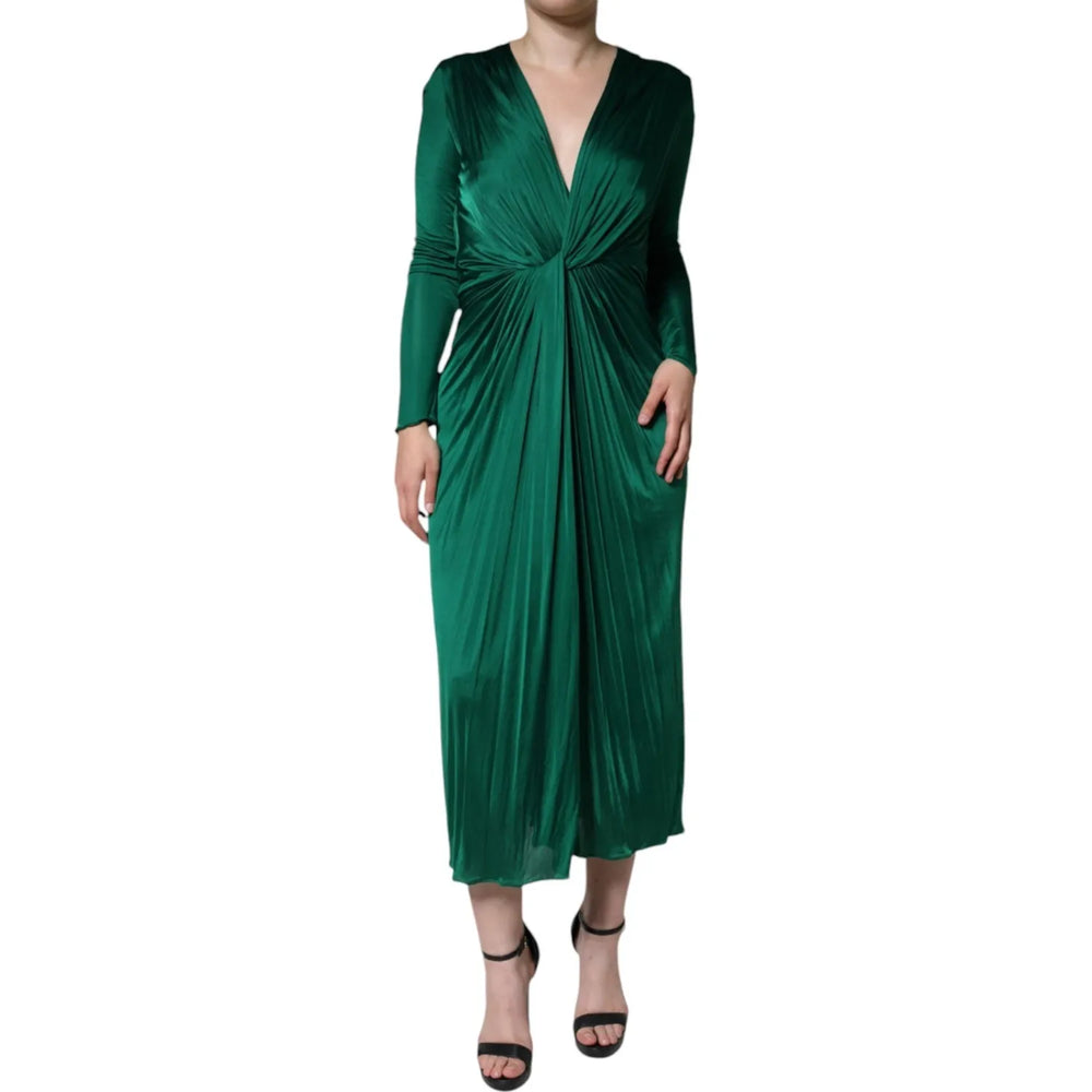 Dolce & Gabbana Dark Green Viscose Long Sleeve Midi Dress with twist front detail and back zipper closure, elegant design.