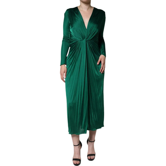Dolce & Gabbana Dark Green Viscose Long Sleeve Midi Dress with twist front detail and back zipper closure, elegant design.