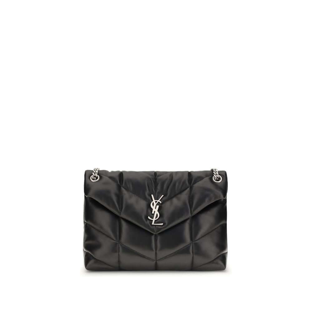 Saint Laurent Black Lamb Ovis Aries Aries Shoulder Bag with silver YSL plaque and leather-braided chain strap.