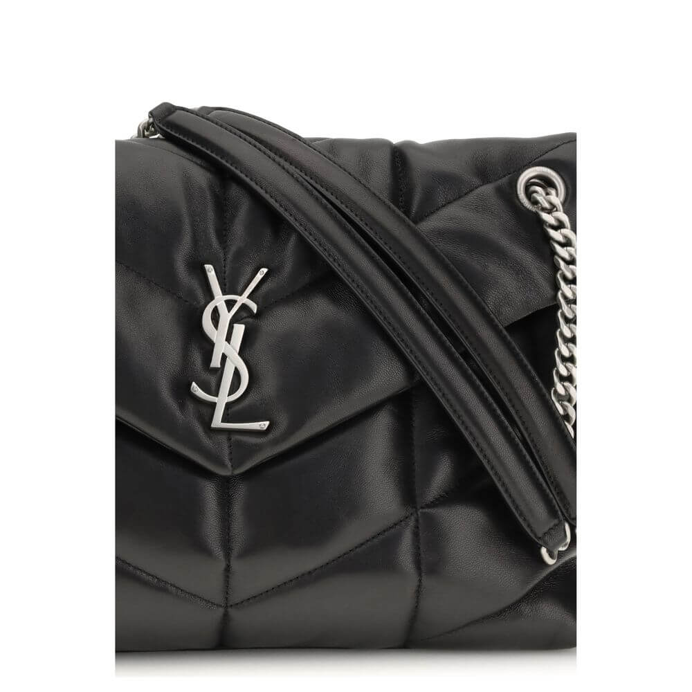 Saint Laurent Black Lamb Ovis Aries Aries Shoulder Bag with YSL plaque and leather-braided chain strap