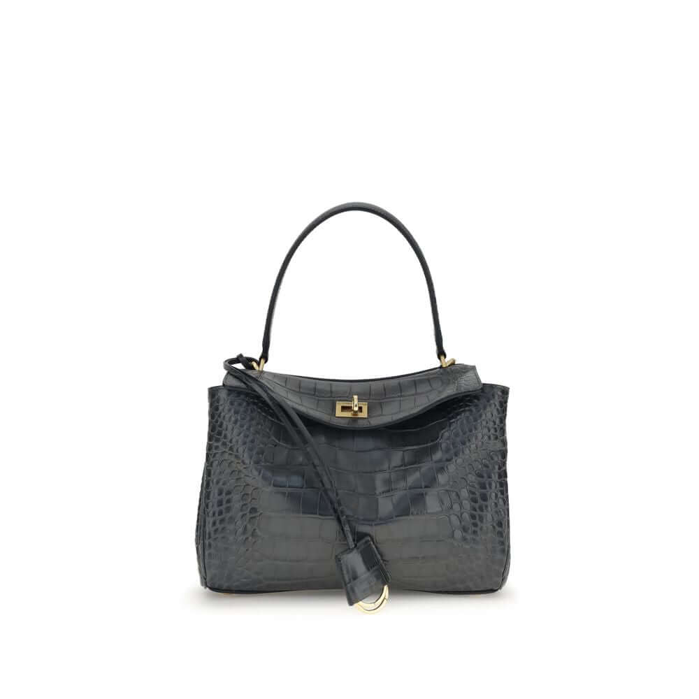 Balenciaga Black Calf Leather Bos Taurus Shoulder Bag in crocodile-print with top handle and removable strap.