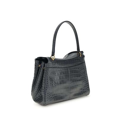 Balenciaga Black Calf Leather Bos Taurus Shoulder Bag with crocodile-print and top handle, featuring removable strap and turn lock closure.