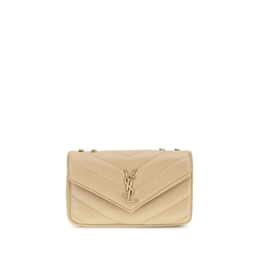 Saint Laurent Beige LouLou Shoulder Bag with quilted design and brass logo, featuring a magnetic flap closure. Suitable for shoulder or crossbody wear.