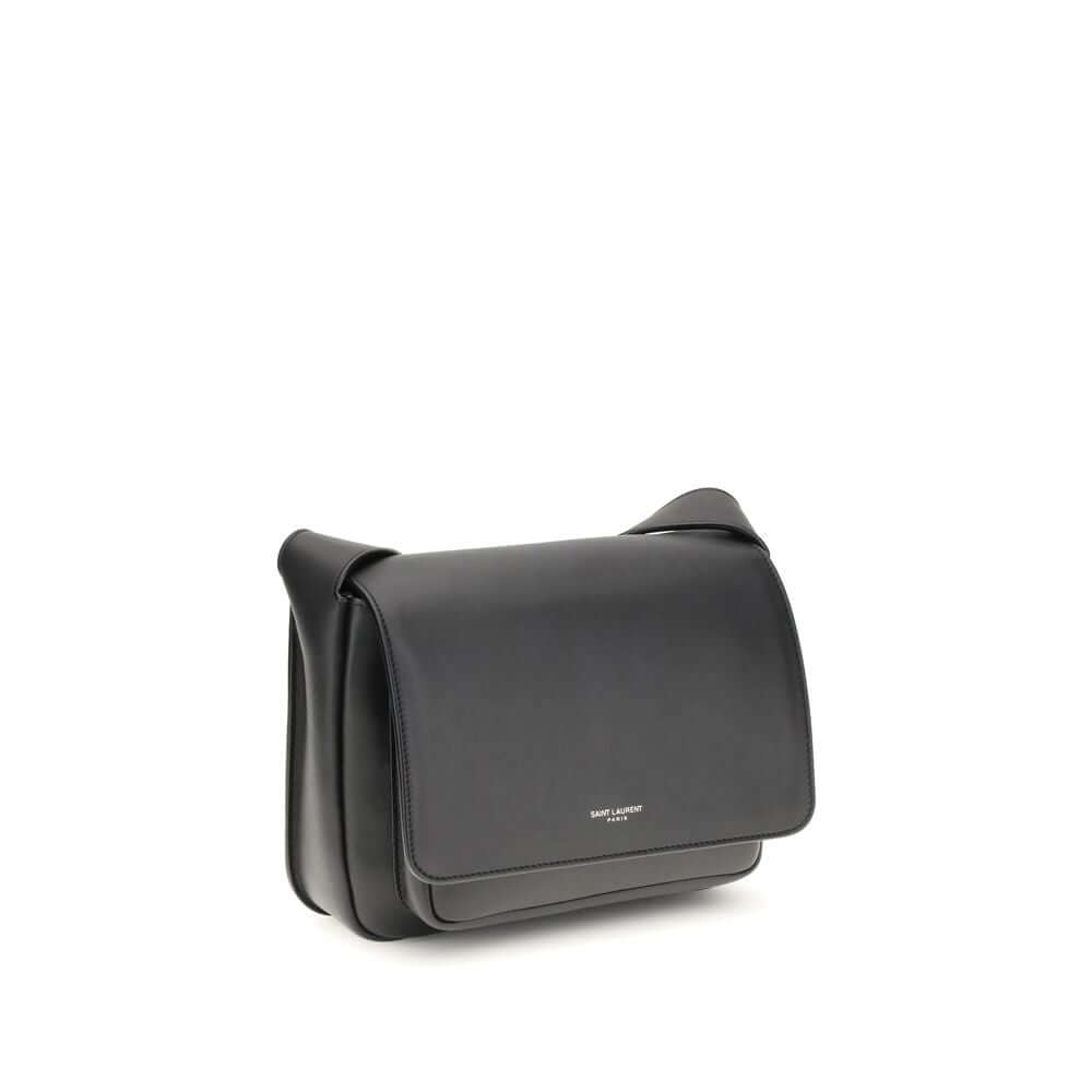 Saint Laurent Black Calf Leather Bos Taurus Shoulder Bag with front flap and adjustable strap. Small and practical design.