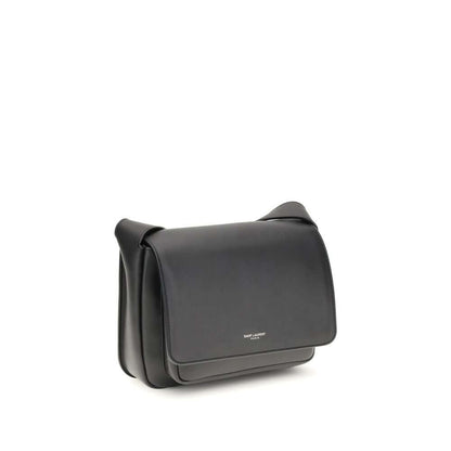 Saint Laurent Black Calf Leather Bos Taurus Shoulder Bag with front flap and adjustable strap. Small and practical design.