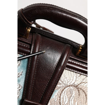 Dolce & Gabbana Blue Brown Leather Floral Jacquard Travel Handbag Bag