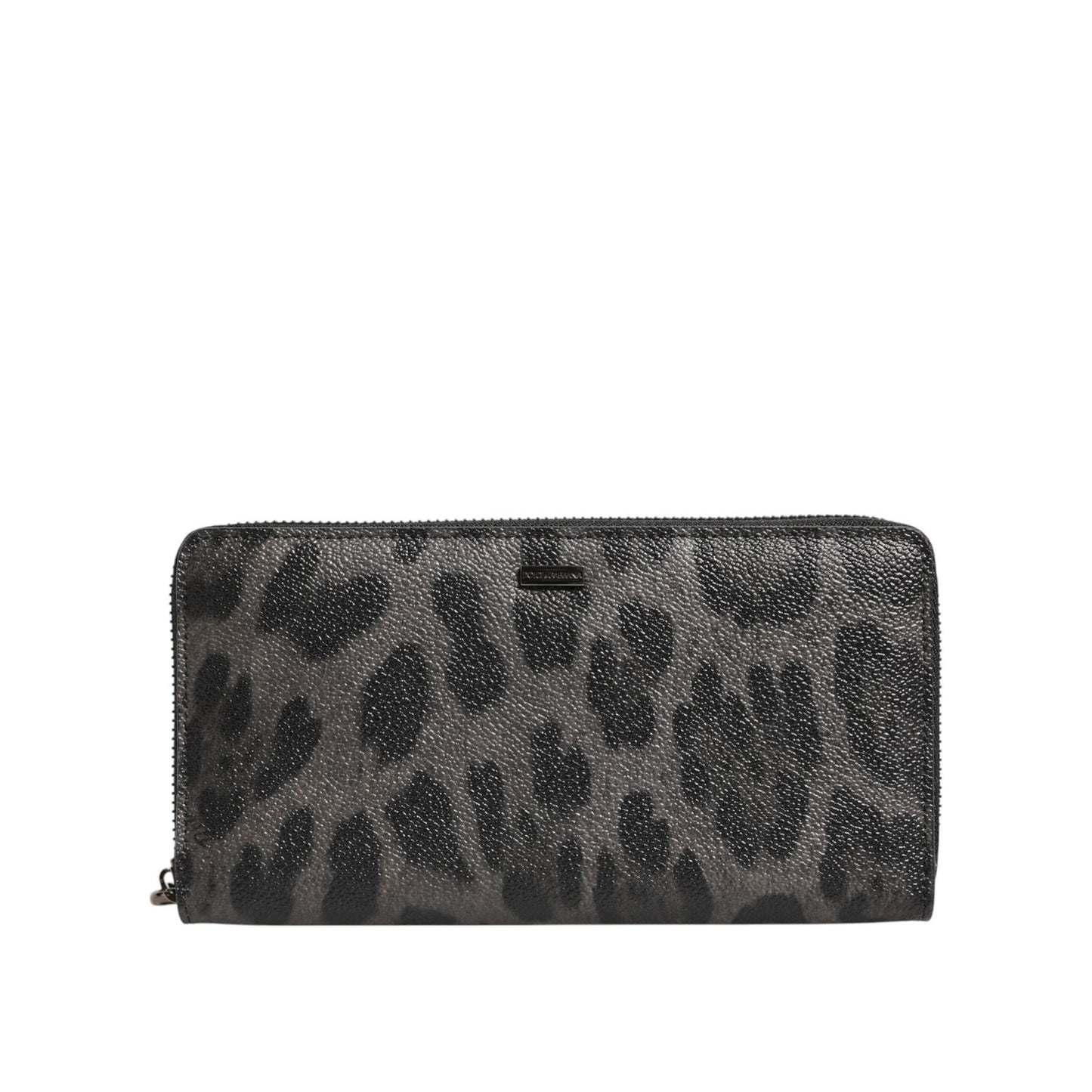 Dolce & Gabbana Black Gray Leopard Leather Zip Around Continental Wallet with logo detail and zipper closure, made in Italy.
