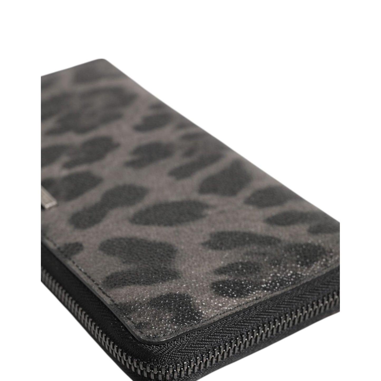 Dolce & Gabbana Black Gray Leopard Leather Zip Around Continental Wallet with logo details and zipper closure, made in Italy.