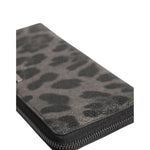 Dolce & Gabbana Black Gray Leopard Leather Zip Around Continental Wallet with logo details and zipper closure, made in Italy.