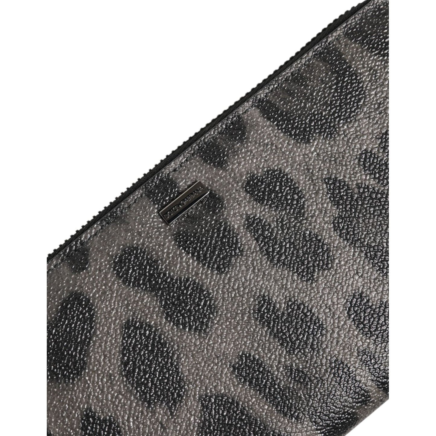 Dolce & Gabbana Black Gray Leopard Leather Zip Around Continental Wallet with logo detail, featuring PVC and fabric blend.