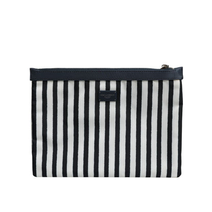 Dolce & Gabbana Black White Striped Logo Plaque Clutch Pouch Bag