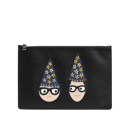 Dolce & Gabbana Black Leather #DGFAMILY Embellished Men Clutch Pouch Bag