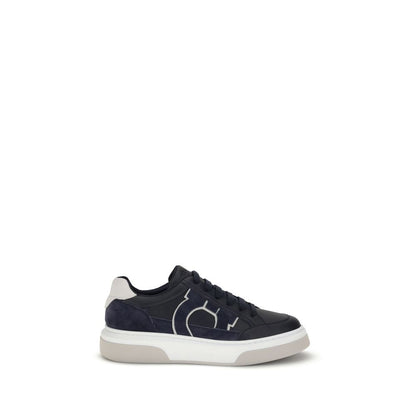Ferragamo Blue Calf Leather Bos Taurus Low Top Sneakers with Gancini silhouette and textured rubber sole.