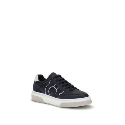 Ferragamo Blue Calf Leather Bos Taurus Low Top Sneakers with suede inserts and Gancini silhouette on rubber sole.