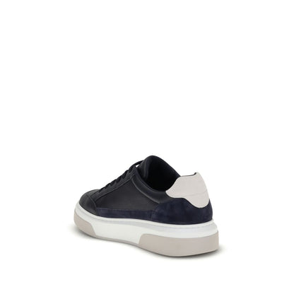 Ferragamo Blue Calf Leather Bos Taurus Low Top Sneakers with suede accents and rubber sole, rear view showcasing iconic Gancini style.